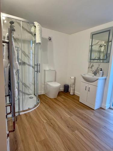 a bathroom with a shower and a toilet and a sink at Bespoke 1 Bedroom Barn by Stansted Airport & Holiday Parking in London Stansted Airport