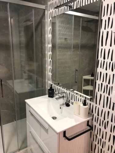 a bathroom with a sink and a shower at Pension Roomtegi in Barakaldo