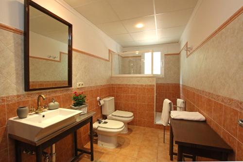 a bathroom with a sink and a toilet and a mirror at Son Cami in S'Horta