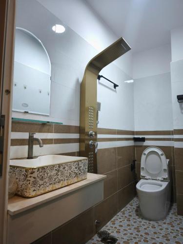 a bathroom with a toilet and a sink and a mirror at Long Homestay Xuyên Á - Hotels in Ðức Hòa