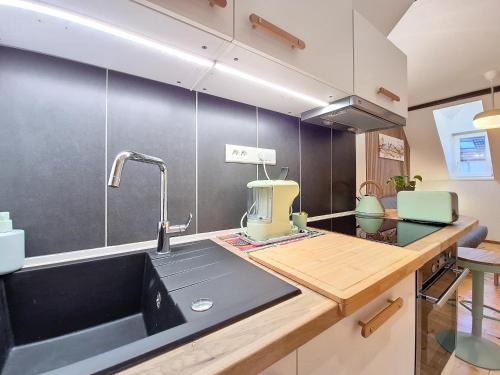 une cuisine avec un évier et un mixeur sur un comptoir dans l'établissement Chez Dame Coco - Entièrement neuf - Confortable - Proche centre-ville, à Strasbourg
