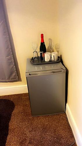 a small refrigerator with two glasses and a bottle of wine at Gravesend Guest Retreat in Gravesend