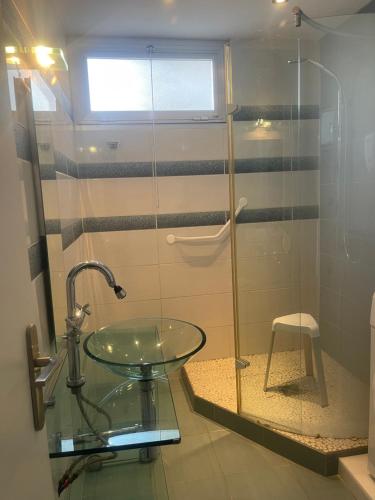 La salle de bains est pourvue d'un lavabo en verre et d'une douche. dans l'établissement Parc Baie des Anges, à Villeneuve-Loubet