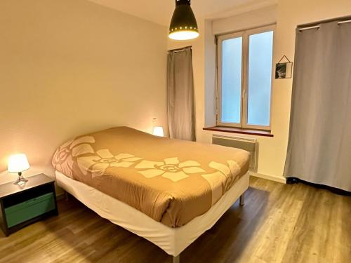 Appartement calme au cœur de la ville في لون-لو-سونييه: غرفة نوم بها سرير ونافذة كبيرة