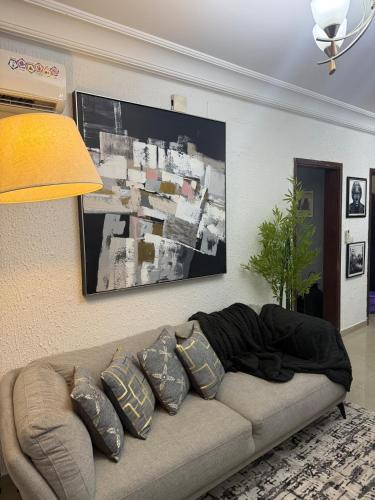 a living room with a couch with pillows at Appartement meublé type F2 in Douala