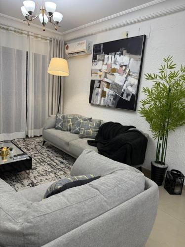a living room with two couches and a tv at Appartement meublé type F2 in Douala