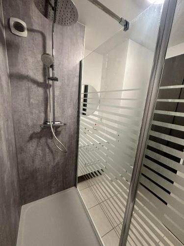 une douche avec une porte vitrée dans une salle de bain dans l'établissement Proche mer, terrasse et wifi, aux minimes, à La Rochelle