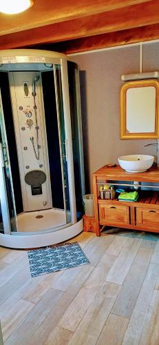 une salle de bain avec une douche, un lavabo et un miroir dans l'établissement Maison spacieuse à Bertignat avec jardin et espace jeux,, à Bertignat
