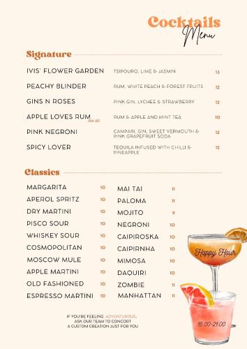 a menu for the cocktails menu board at Ivis 4 Boutique Hotel in Athens