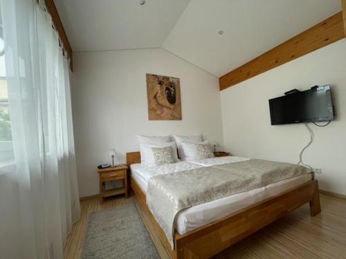 a bedroom with a bed and a flat screen tv at Haus Lorenz, Ferienwohnungen in Immenstaad am Bodensee