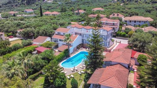 an aerial view of a house with a swimming pool at Markella Maisonette Hotel Complex in Marathias