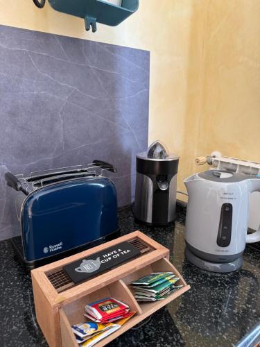 a kitchen counter with a toaster and a coffee maker at Voce del Mare Apartment in Pontone