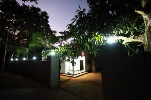 a building with lights in a yard at night at Alankulama Waana Resort in Anuradhapura