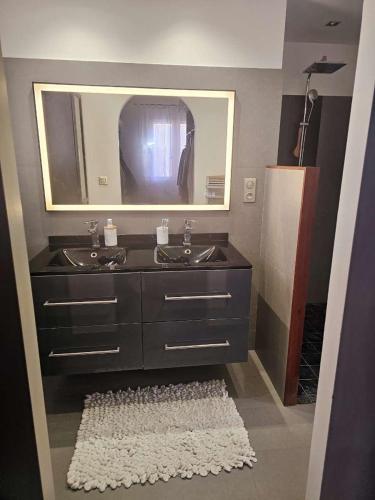 La salle de bains est pourvue d'un lavabo, d'un miroir et d'un tapis. dans l'établissement Charmante maison avec piscine, à Solliès-Toucas