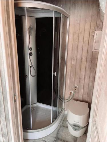 a shower in a bathroom with a toilet at MAD Family House in Spuntsiems