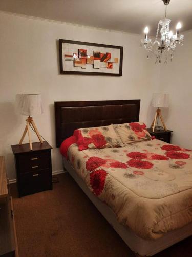 a bedroom with a bed with red flowers on it at Casa chiloe castro in Castro