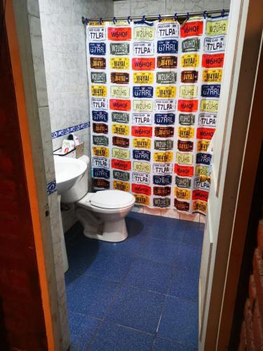 a bathroom with a toilet and a shower curtain at Molina, cerca de 7 Tazas, campo con animales in Curicó