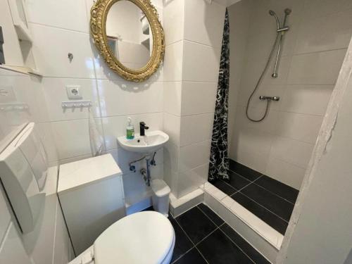 ein Badezimmer mit Toilette, Waschbecken und Spiegel in der Unterkunft Lebendige Stadtwohnung in Stadtnähe in Bremerhaven