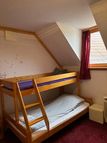 a bunk bed in a room with a window at Lóbarát Panzió in Cserszegtomaj