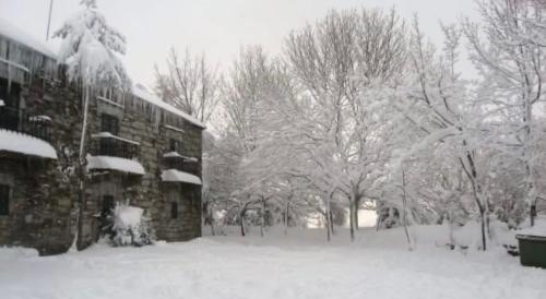 a snow covered yard with trees and a building at Hotel & Restaurante El Casino in Villafranca del Bierzo