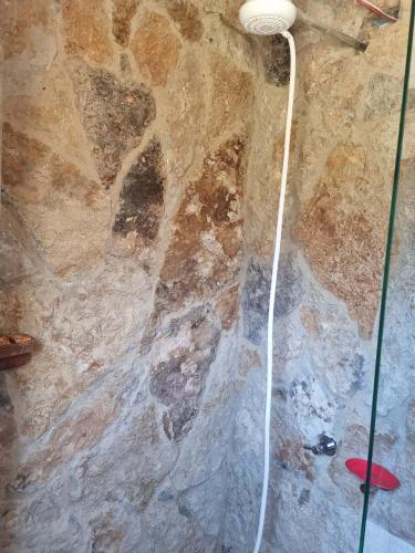 a shower in a room with a stone wall at La Casona Cucaita. Sede Campestre in Cucaita
