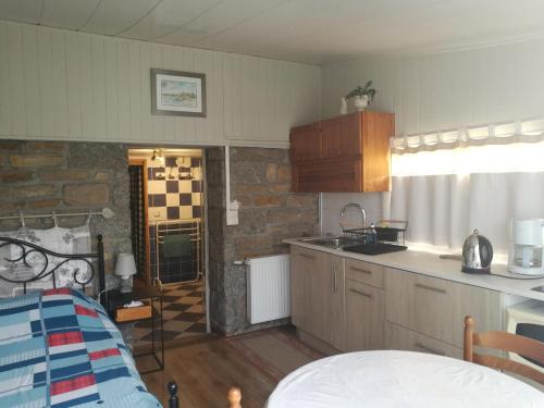 une cuisine avec des placards en bois et un mur en briques dans l'établissement Le jardin de Glenmor 1 rue Glenmor 56860 Séné, à Séné