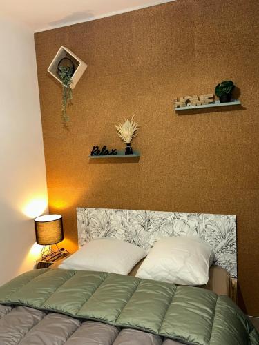 - une chambre avec un lit et un mur avec des étagères dans l'établissement M T2 climatisé à100m de la plage ,des bateaux ,des commerces, Une terrasse ensoleillée, à Palavas-les-Flots