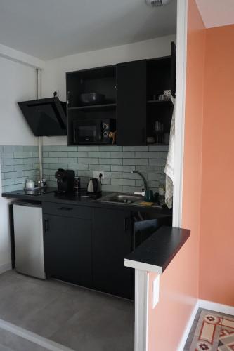 - une cuisine avec des placards noirs et un évier dans l'établissement Cosy appartement 4 personnes aux Arceaux - Proche centre ville Montpellier, à Montpellier