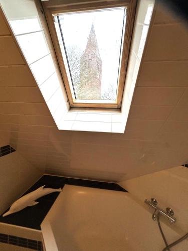 a bathroom with a skylight and a bath tub with a window at Bovenop 19 in Hippolytushoef