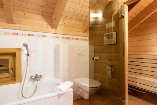 a bathroom with a shower and a toilet and a tub at Feriendorf Koralpe Chalet Bergglocke in St. Gertraud
