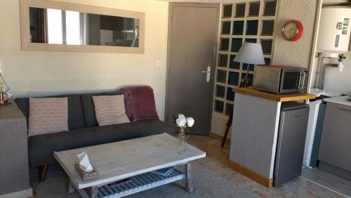 un salon avec un canapé et une table basse dans l'établissement Joli duplex-mezzanine à Amélie-les-Bains, à Amélie-les-Bains-Palalda