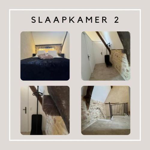 un collage de quatre photos d'une chambre et d'un escalier dans l'établissement Chateau L' Empereur, à Ols-et-Rignodes