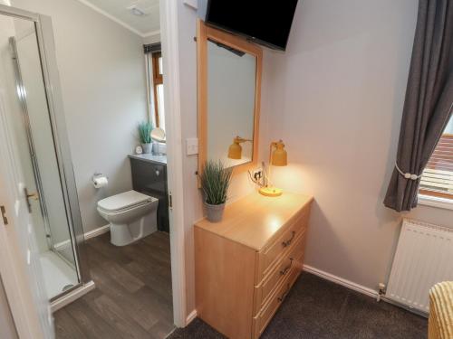 a bathroom with a sink and a toilet and a mirror at Lakeside 18 in Carnforth