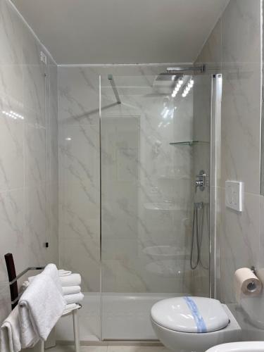 a white bathroom with a shower and a toilet at Hotel Europa Fiera in Rho