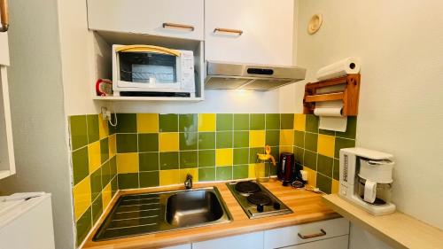 une petite cuisine avec un évier et un micro-ondes dans l'établissement Le Saint Hilaire vue océan, à Saint-Hilaire-de-Riez