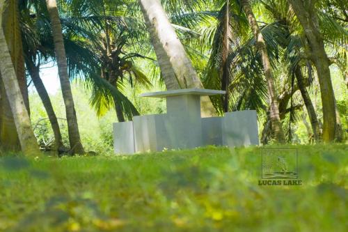 a monument in the middle of a field with palm trees at Yala Lucas Lake Hotel in Tissamaharama