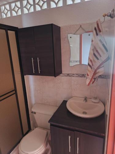 a small bathroom with a toilet and a sink at FINCA LA BENDICION in Santa Rosa de Cabal