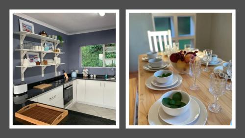 two pictures of a kitchen with a table with dishes at 6th Tee Southbroom in Southbroom