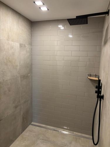a bathroom with a shower with white tiles at Apartment in Miesenbach in Miesenbach