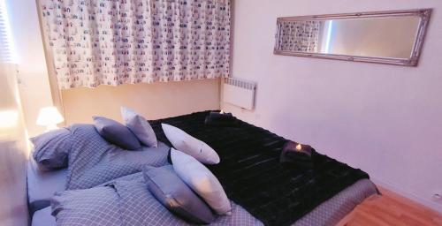 滨海贝尔克Face Mer Parking 4 personnes的一间卧室配有带枕头和镜子的床