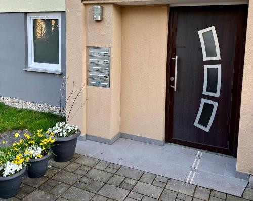 a house with a black door and two pots of flowers at Joos Boardinghouse in Radolfzell am Bodensee
