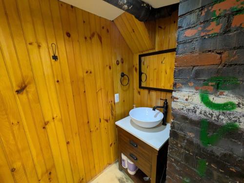 a bathroom with a sink in a wooden wall at Sean's Bar - Private Apartment in Winchester
