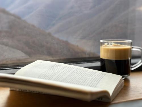 a book and a cup of coffee on a table at Refugiul Panoramic in Muntele Rece