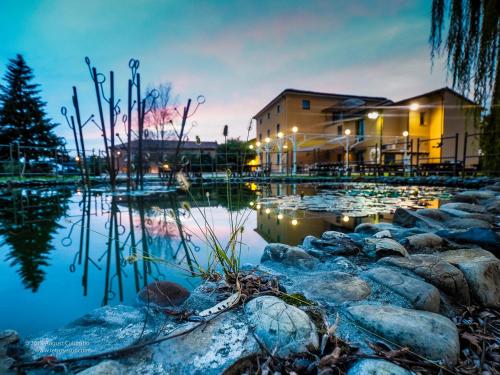 a pond with lilly pads in front of a building at Hotel Villa Costanza in Pontenure