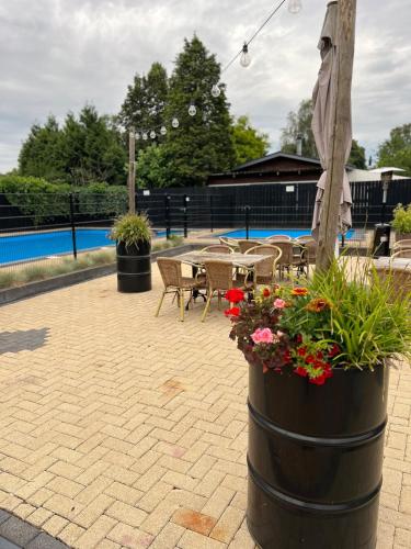 a patio with a table and chairs and flowers in a barrel at Uniek boshuisje Olijfje met omheinde tuin op loopafstand Veluwse bos in Putten
