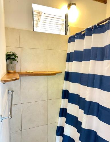 a bathroom with a shower with a blue and white shower curtain at Bananaquit Tobago -Stay Near the Beach in Crown Point