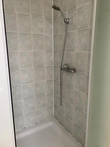 une douche avec pommeau de douche dans une salle de bain dans l'établissement Le quai de Saint Cybard- Gare- BD- 4 pers, à Angoulême