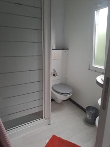 une salle de bain blanche avec toilettes et fenêtre dans l'établissement Landes Azur mobil home 38 m2 7km de vieux boucau, à Azur