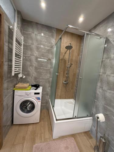 a bathroom with a shower and a washing machine at APARTAMENT NATALIA in Marciszów
