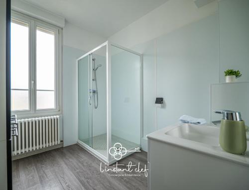 a bathroom with a glass shower and a sink at Maison d exception au Mans Garage XXL et Terrasse in Le Mans